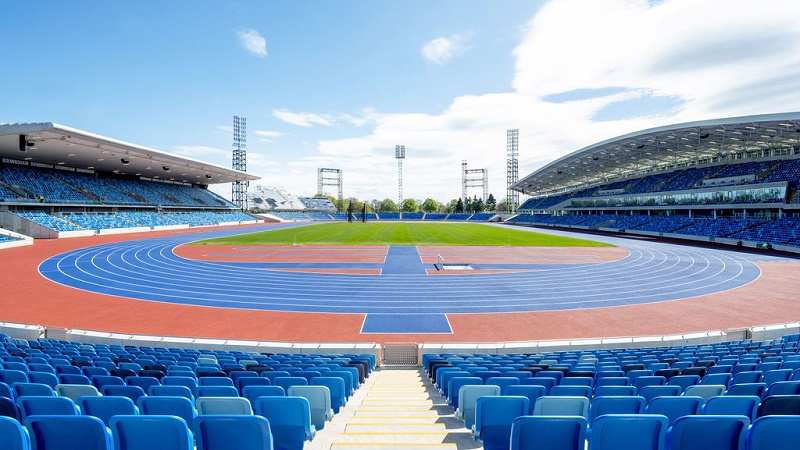 Inside view of Birmingham Alexander Stadium showing athletics track and seating
