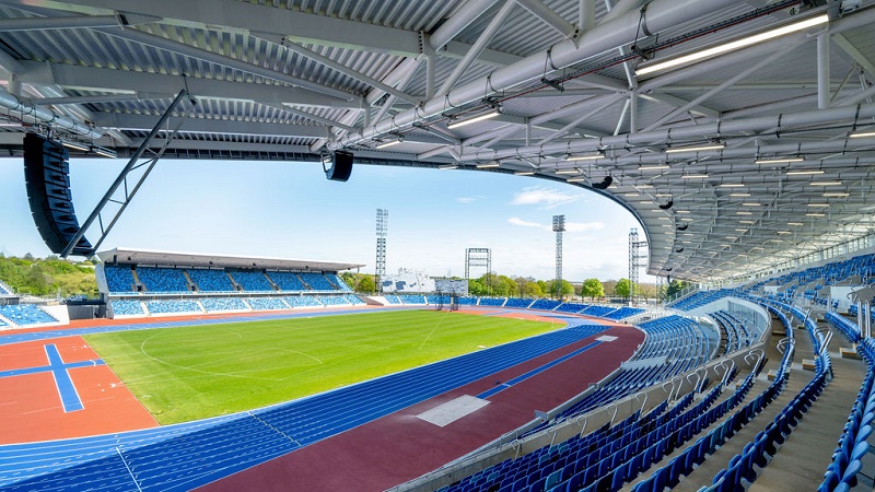 View across the athletics track from the seating under the canopy